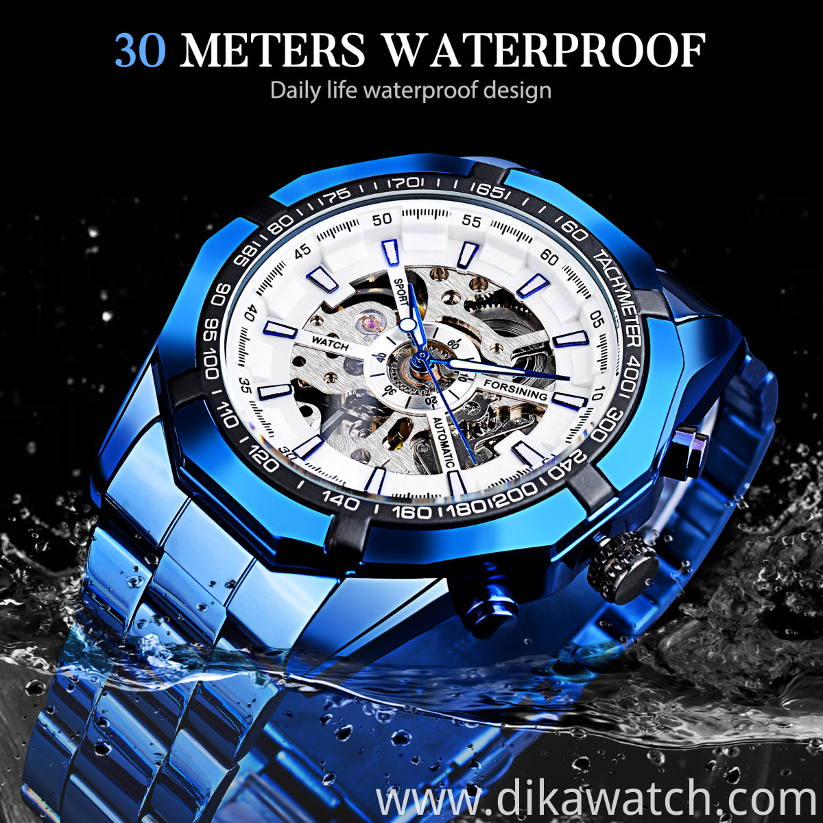 Forsining Blue Design Stainless Steel Men Mechanical Automatic Wrist Watches Top Brand Luxury Military Sport Male Clock